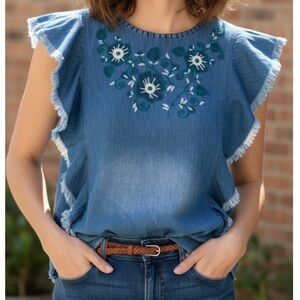 Angel + Premium Floral Embroidered Jean Shirt